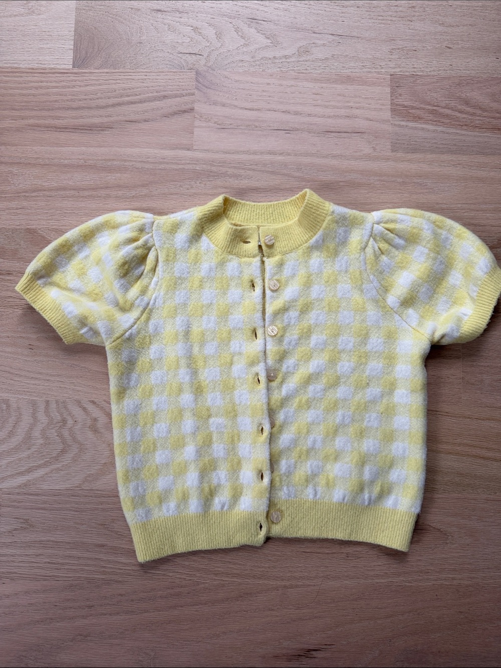 Yellow and White Gingham Short-Sleeve Cardigan